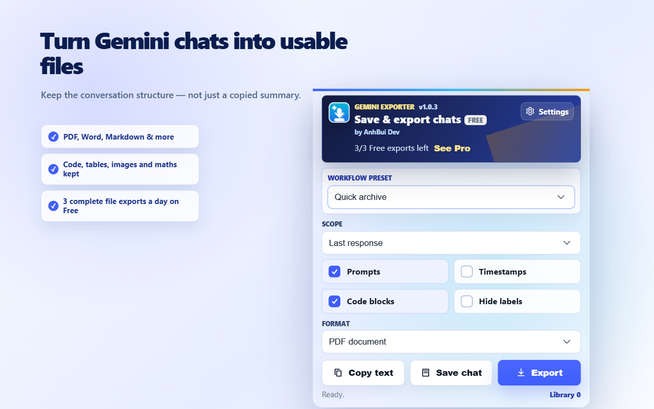 Gemini Exporter popup showing scope, format, copy, save, and export controls