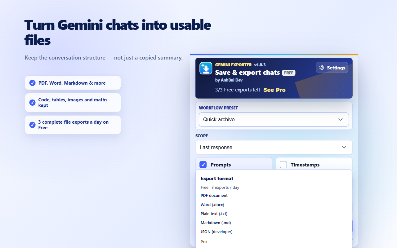 Gemini Exporter format menu where ZIP can be selected