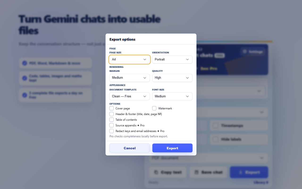 Gemini Exporter expanded options used before preview and export