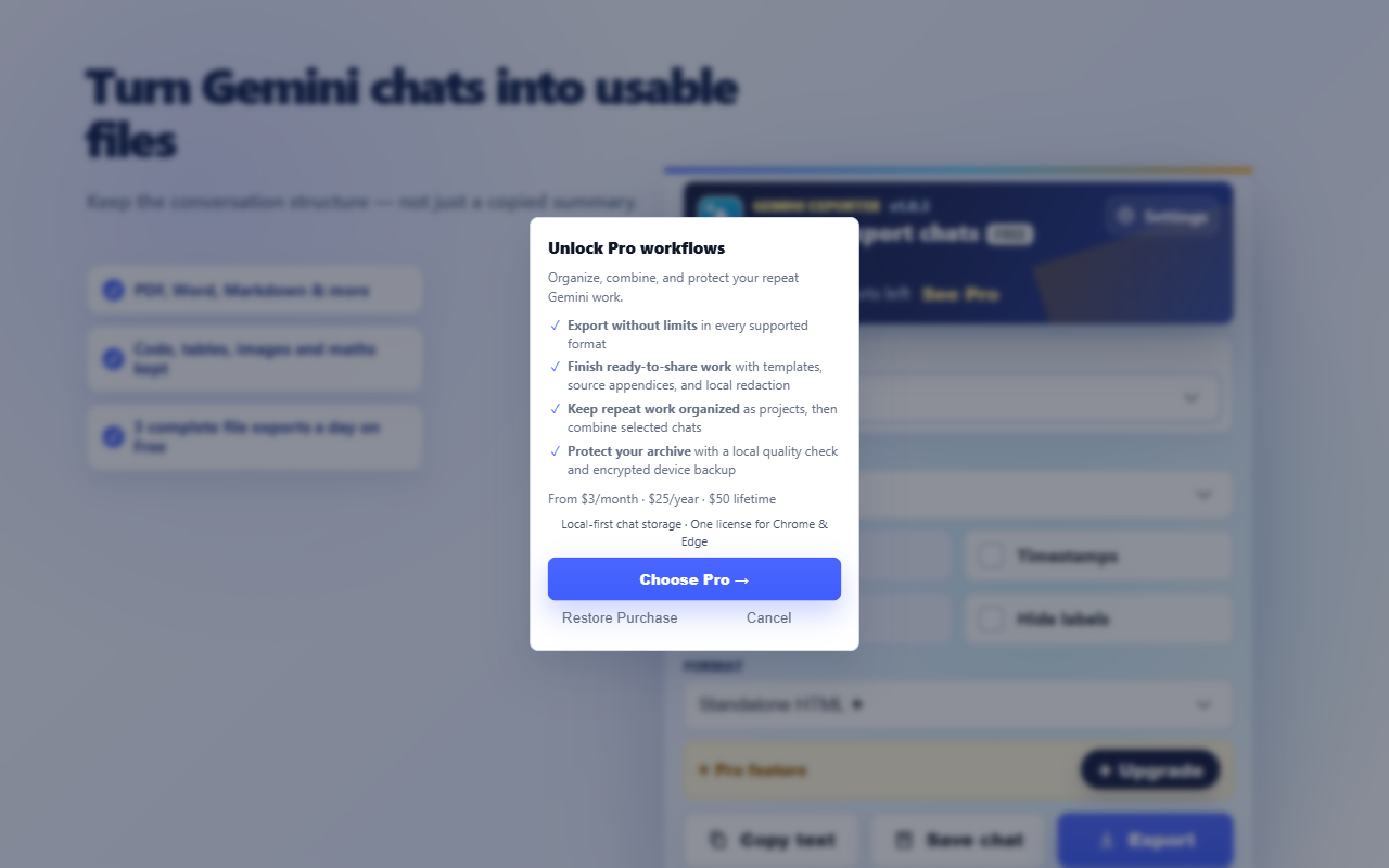 Gemini Exporter Free and Pro comparison in the upgrade dialog