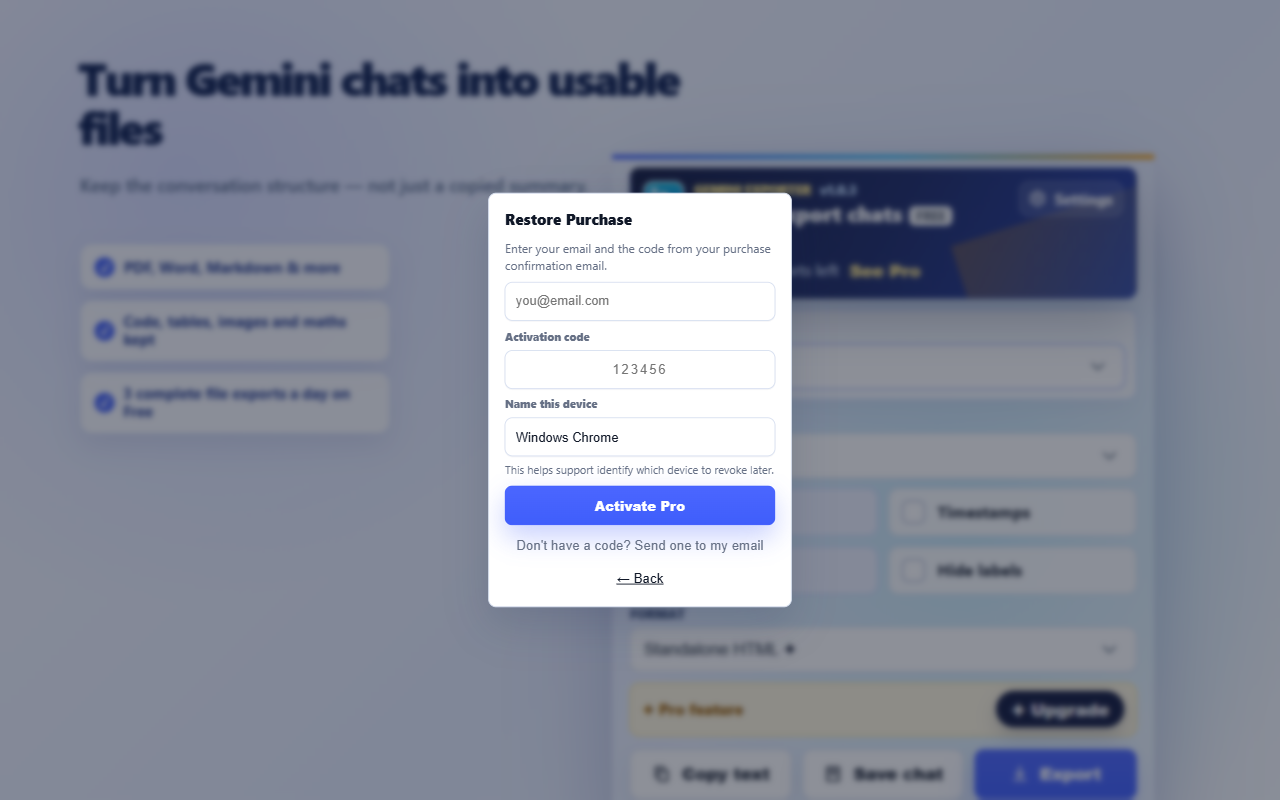 Gemini Exporter license restore and device information controls