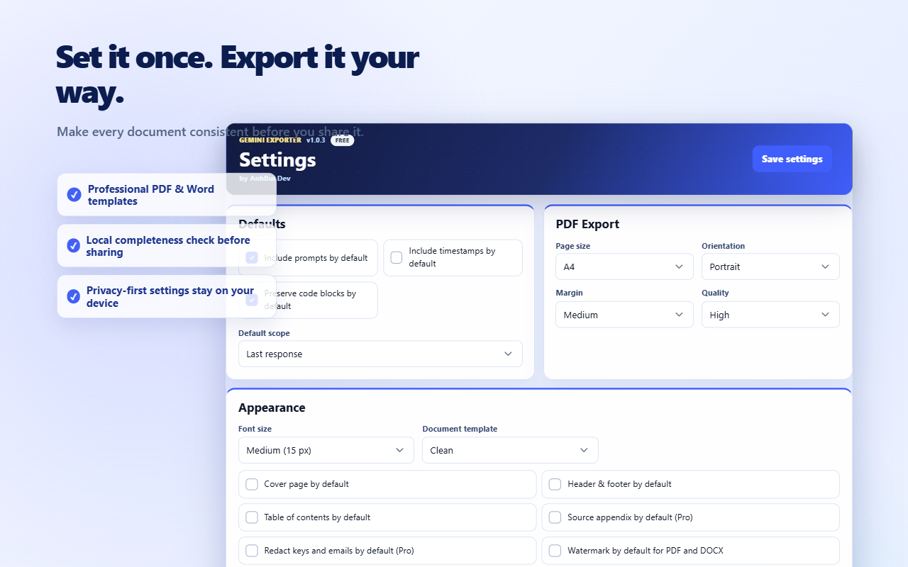 Gemini Exporter Settings showing PDF and document appearance controls
