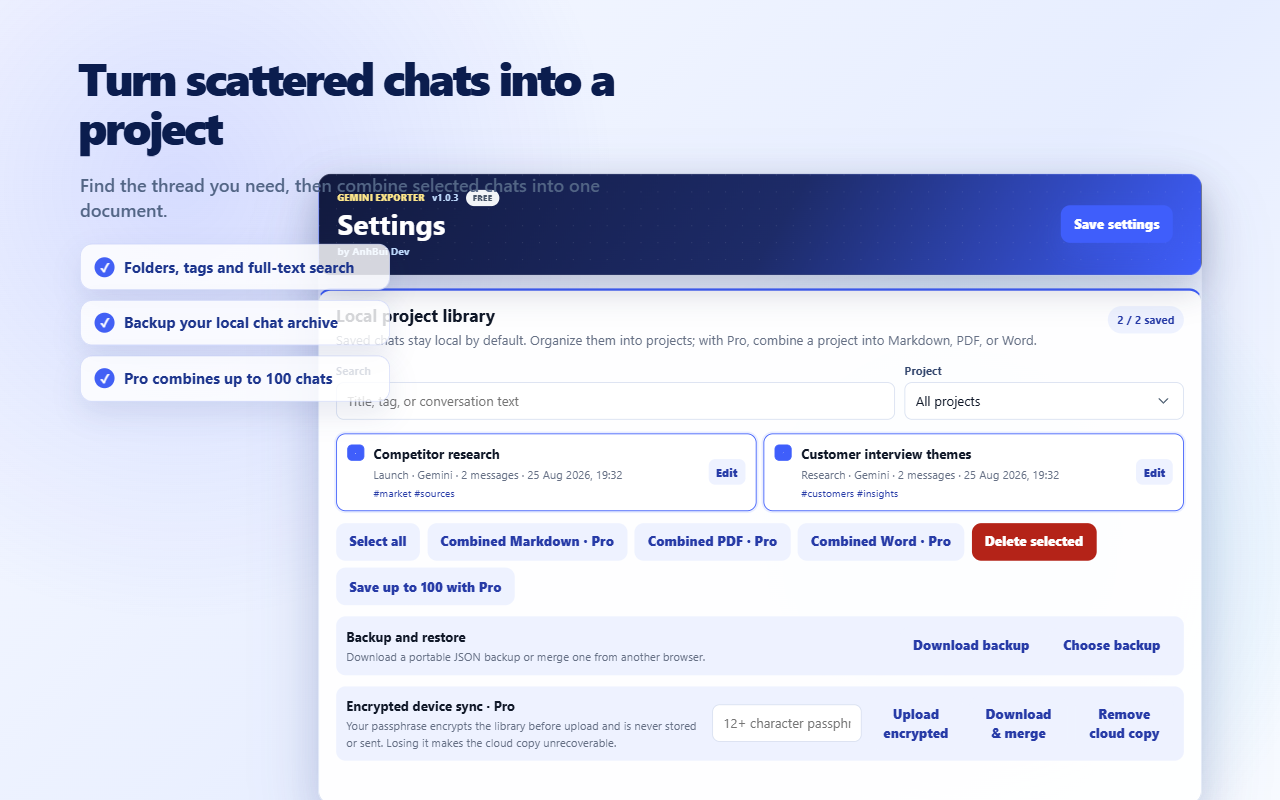 Gemini Exporter local project Library with two saved chats