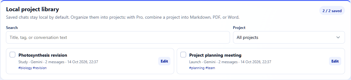 Gemini Exporter Local Library showing saved Project planning meeting and Photosynthesis revision conversations