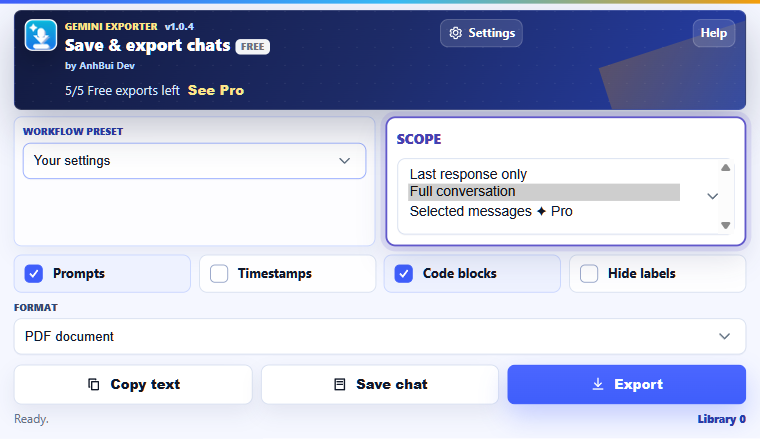 Gemini Exporter scope control listing Last response only, Full conversation and Selected messages Pro