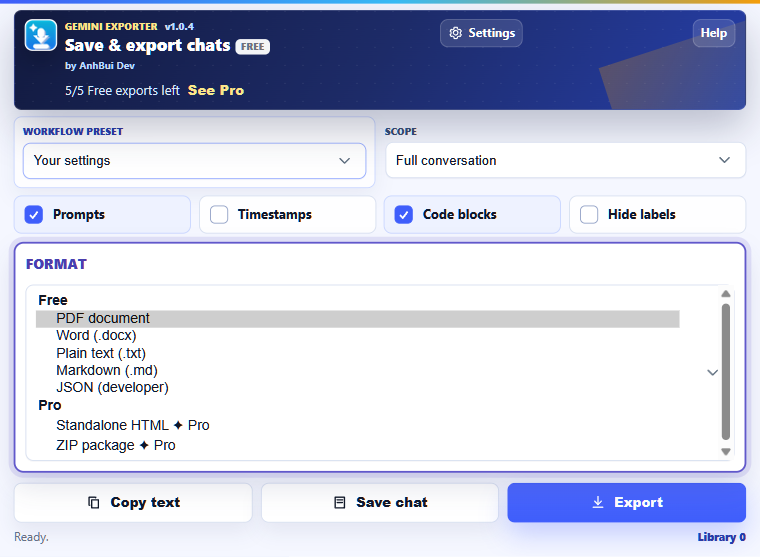 Gemini Exporter format control listing PDF, Word and Markdown formats